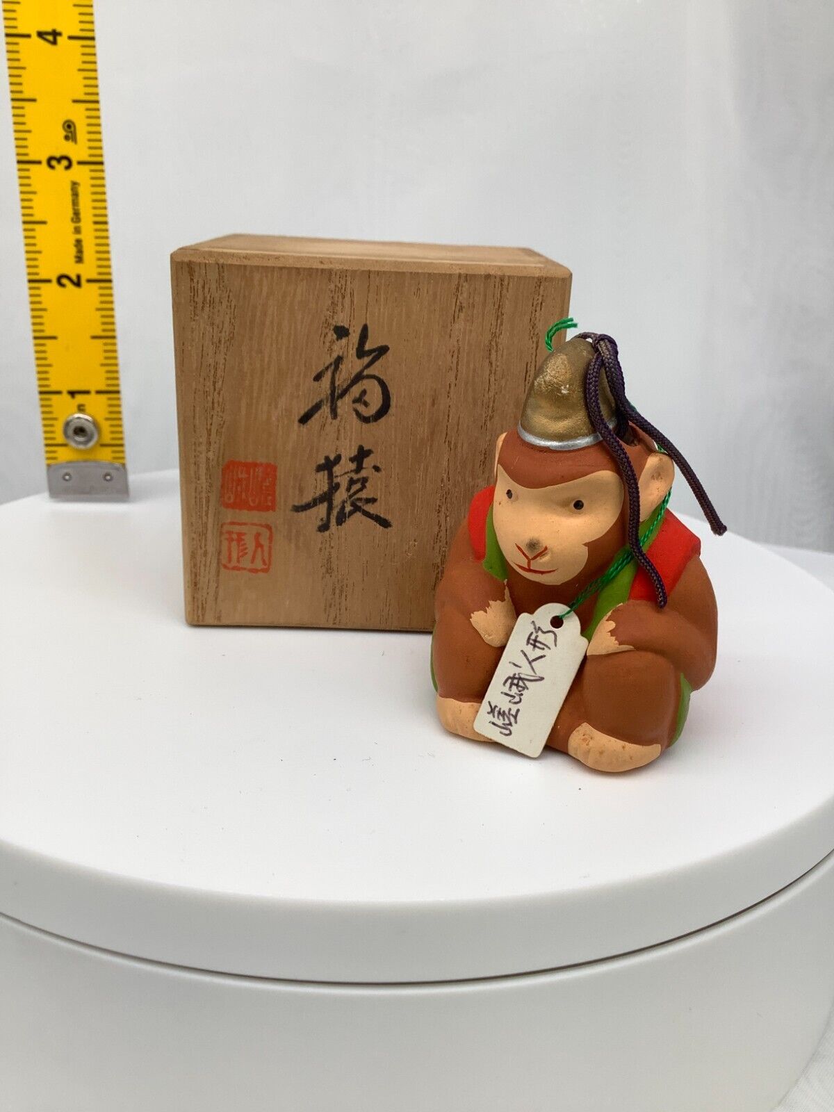 Japanese Clay Bell Ceramic Dorei Asian Antiques Fortune Monkey 2.7x2.7x2.5inch