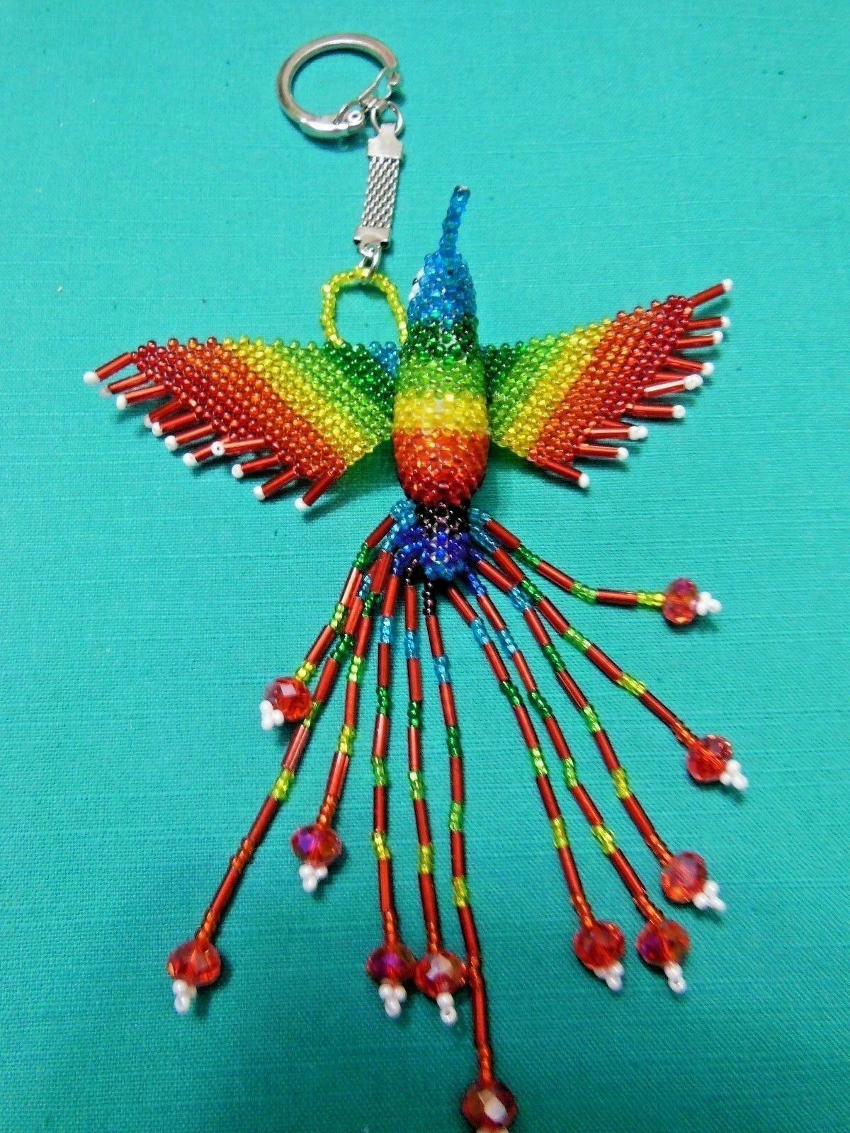 Handmade Huichol Chaquira Key Chain Big Hummingbird Multi-color
