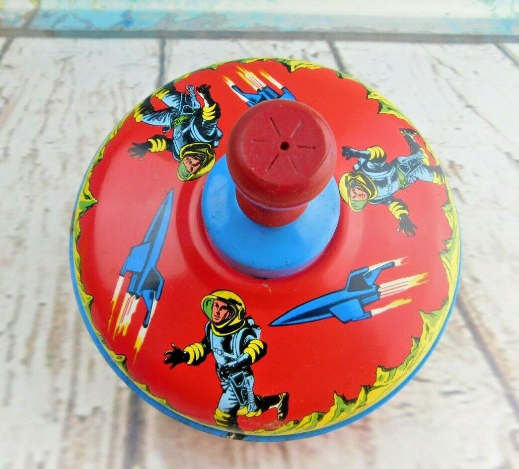 Vintage Ohio Art Tin Spinning Top Astronauts Space Ships Toy Litho