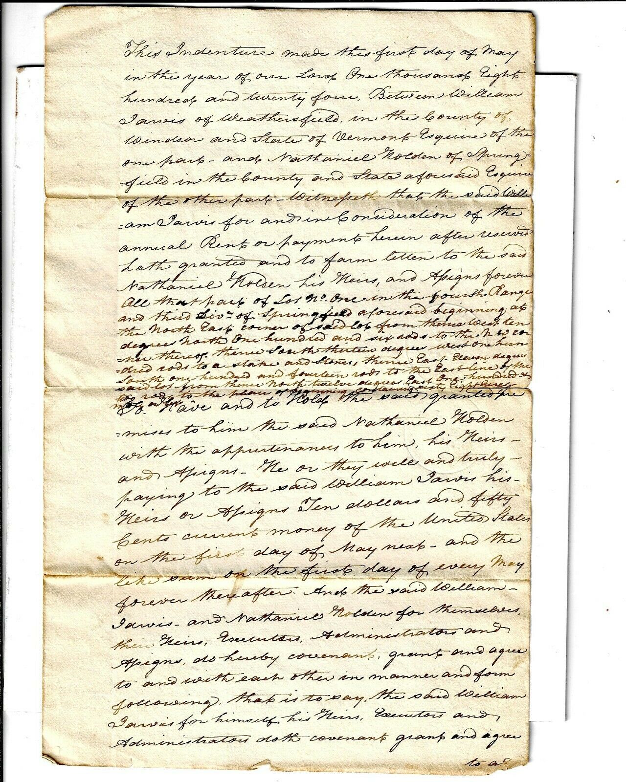 1824 Vermont Indenture Document, 4 Pages.