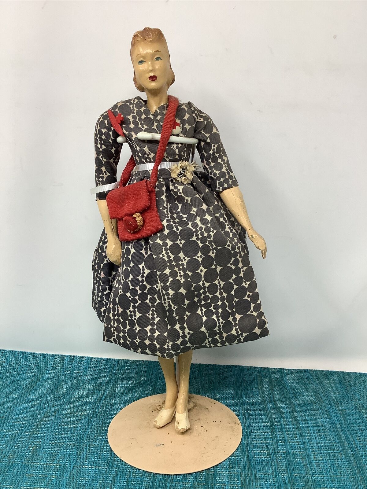 Antique Composite Doll In Grey And White Dress - 1936 Red Cross Pin Vg