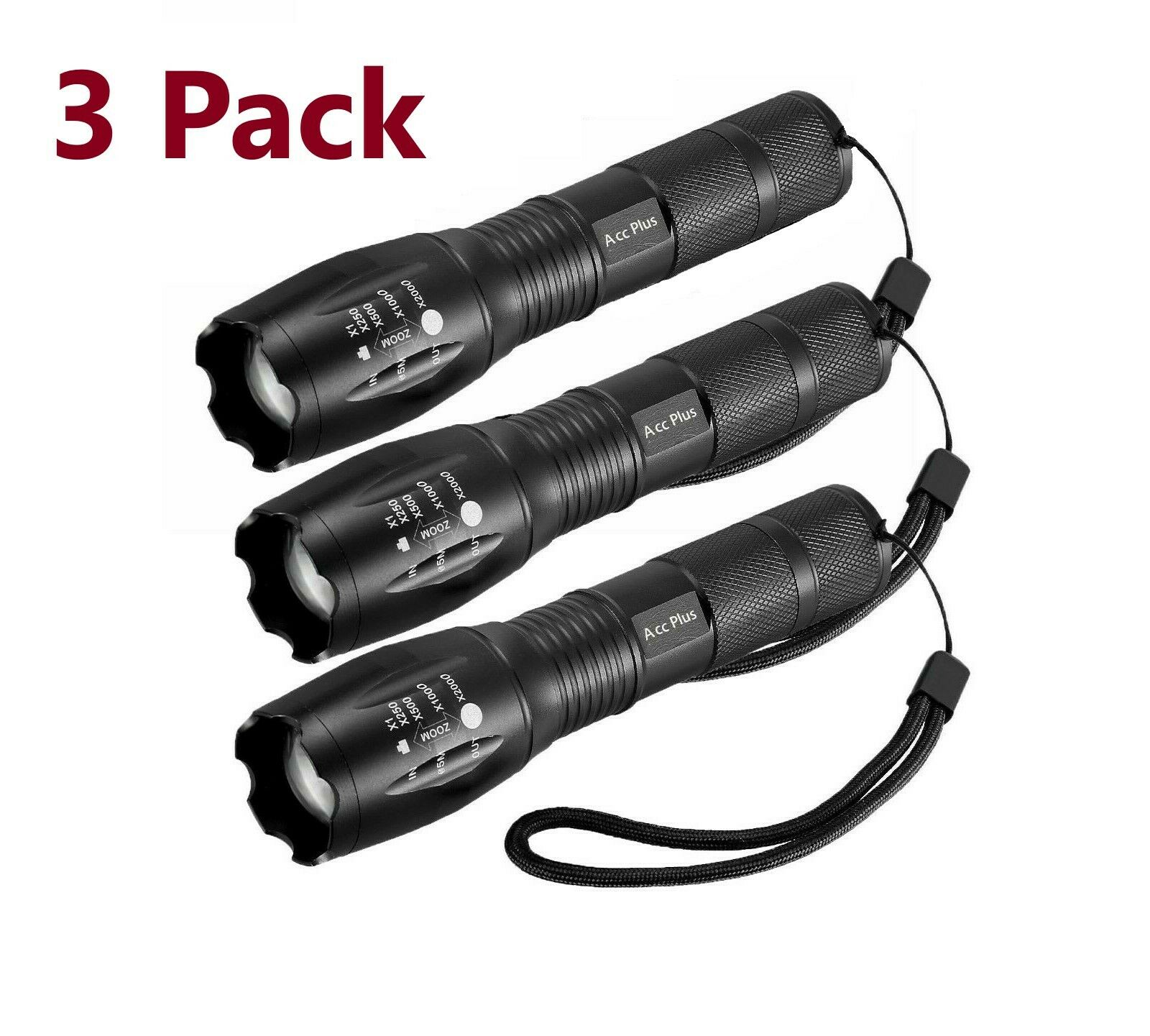 3 X Tactical 18650 Flashlight Ultrafire T6 High Powered 5modes Zoomable Aluminum