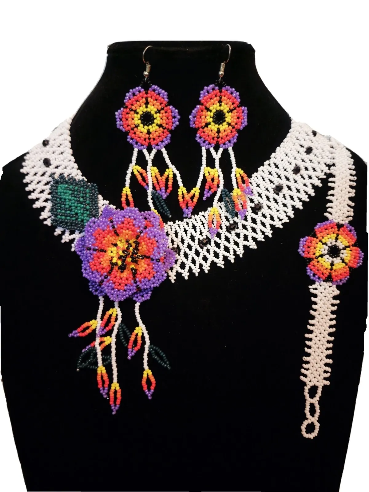 Huichol Art,3 Pcs Mexican Women's Necklace Set,, Chaquira Beads