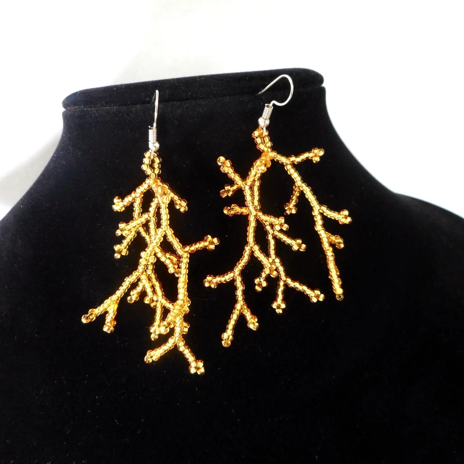 Huichol Beaded Earrings Ethnic Gold Metallic Beads Handmade Mexican Folk Art