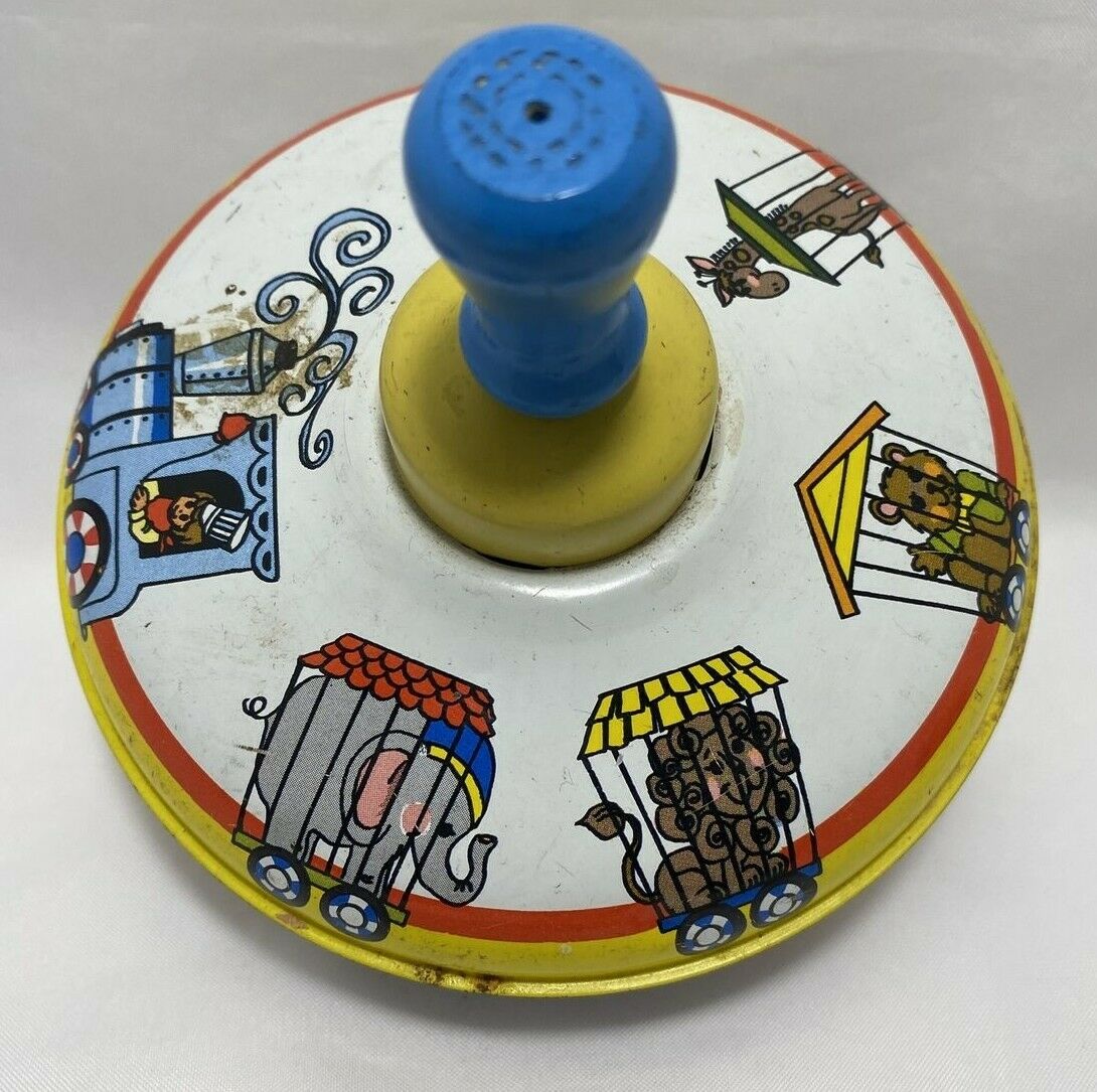 Vintage Ohio Art Spinning Top Toy Tin Litho Circus Animal Train Wooden Knob Usa