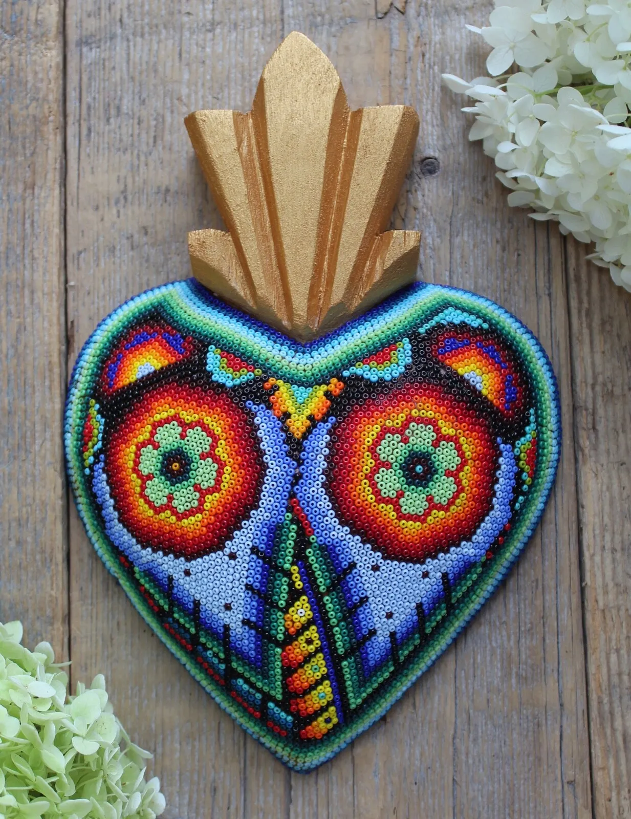 Huichol Indian Heart Beaded On Wood Stylized Owl Face Handmade Mexican Folk Art