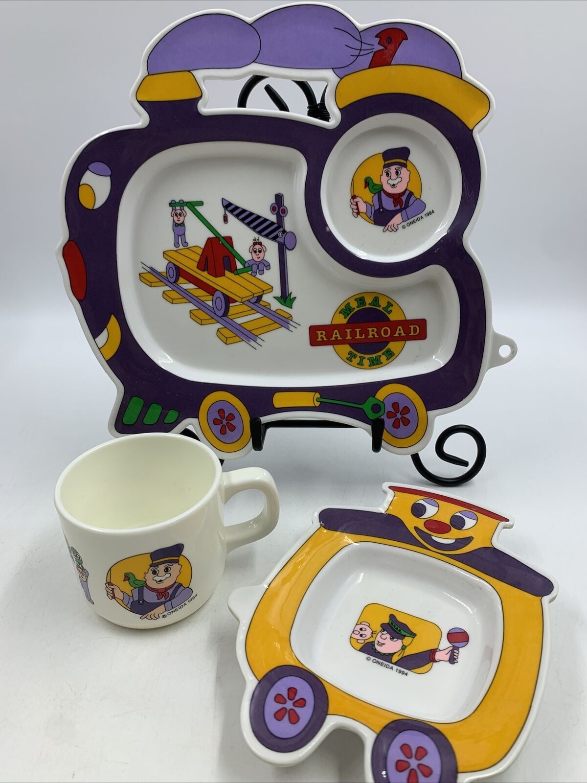 Oneida Meal Time Railroad Toddler Childs Melamine Dish Plate Cup Set/3 Vintage