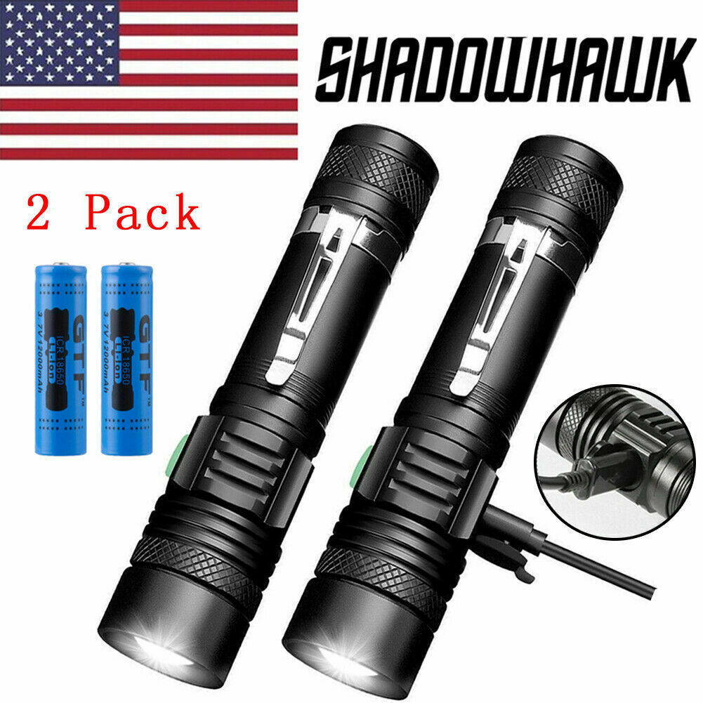 2 Pack 20000lm Shadowhawk Flashlight Rechargeable Usb T6 Led Tactical Torch